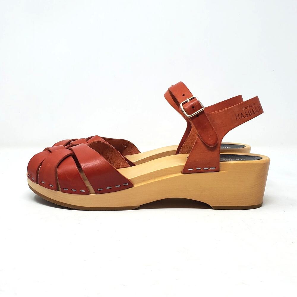 Swedish Hasbeens Magdalena Wooden Platform Clog Heel Sandals Red Leather Size 38 - Picture 5 of 11